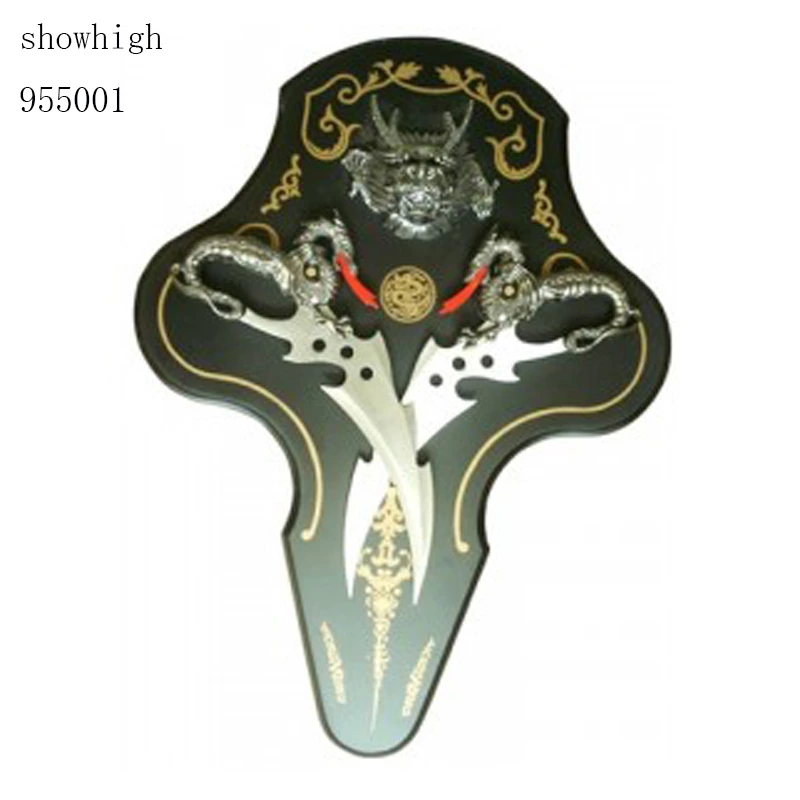 decorative twin dragon knife with wood plaque 955001